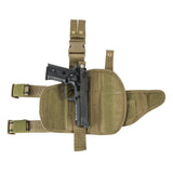 Universal drop‑leg tactical holster shown in the open position with the main pouch flap lifted and buckle clips visible.
