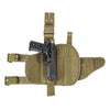 Universal drop‑leg tactical holster shown in the open position with the main pouch flap lifted and buckle clips visible.