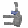 Drop‑leg holster in urban gray showing the main pouch, buckle clips, and thigh‑strap configuration.