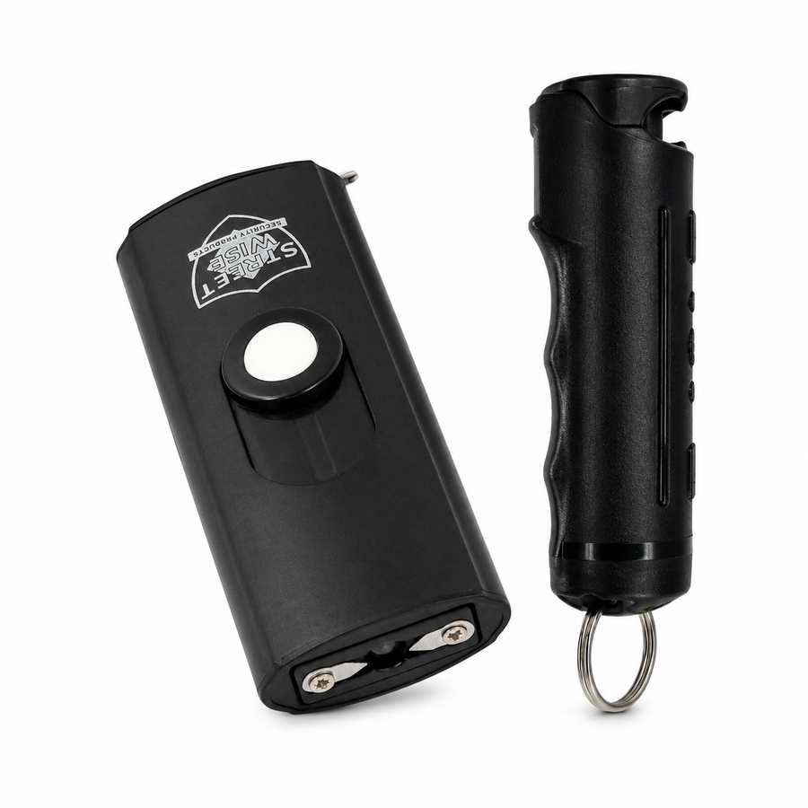 USB Secure Keychain Stun Gun and Streetwise Sticky Gel Pepper Spray bundle displayed on a white background.