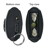 color black USB secure keychain stun gun shown from multiple end‑view angles, highlighting the charging port and contact points
