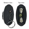 color black USB secure keychain stun gun shown from multiple end‑view angles, highlighting the charging port and contact points