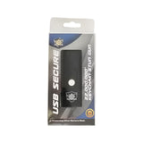 retail packaging for the black USB keychain stun gun displaying the device, labeling, and printed specifications