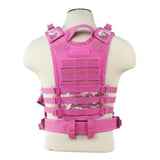 Back view of a pink camouflage VISM tactical vest showing MOLLE webbing and reinforced rear construction.