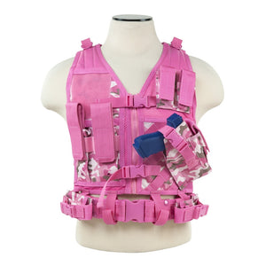 VISM pink camo tactical vest in XS-Small with pistol belt and equipment pouches.
