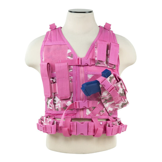 VISM pink camo tactical vest in XS-Small with pistol belt and equipment pouches.