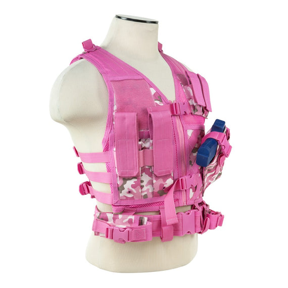 VISM pink camo tactical vest in XS-Small with pistol belt and equipment pouches.