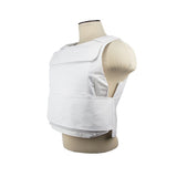 Side view of a white VISM discreet plate carrier showing its slim, low‑profile design and reinforced stitching.