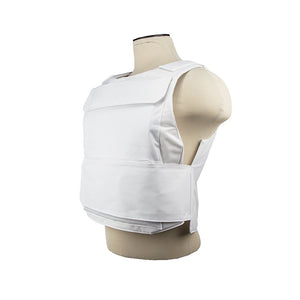 Side view of a white VISM discreet plate carrier showing its slim, low‑profile design and reinforced stitching.