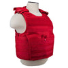 Side view of a red VISM Expert plate carrier vest showing its contoured profile, adjustable straps, and reinforced tactical construction.