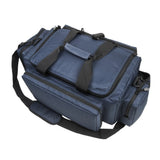 Top‑down view of a blue VISM Expert Range Bag showing the dual‑zip main opening, reinforced handles, and organized compartment layout.
