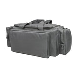 Gray VISM range bag showing rugged fabric build, accessory pockets, and padded handles.