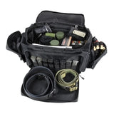 Open black VISM Expert Range Bag showing organized interior compartments, padded dividers, and gear‑ready storage layout.