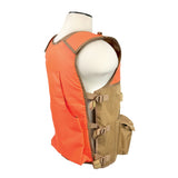 Blaze‑orange/tan hunting vest photographed from a back‑side angle highlighting contrast panels and utility pocket placement.