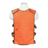 Back view of a blaze‑orange and tan VISM hunting vest showing its high‑visibility rear panel and reinforced stitching.