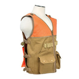 Side view of a blaze‑orange and tan VISM hunting vest showing its high‑visibility panels and multi‑pocket layout.