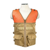 VISM blaze orange and tan hunting vest with two large front storage pockets.