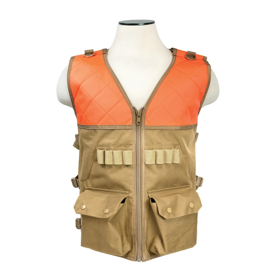 VISM blaze orange and tan hunting vest with two large front storage pockets.