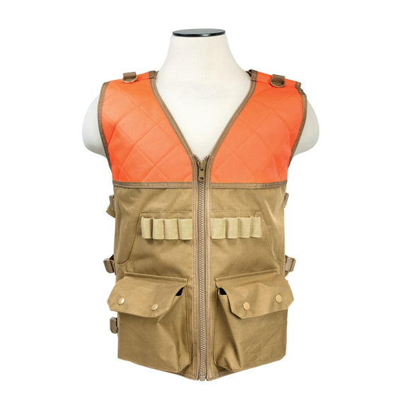 VISM blaze orange and tan hunting vest with two large front storage pockets.