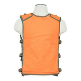 Back view of a blaze‑orange, tan, and camo VISM hunting vest showing its high‑visibility rear panel and rugged mixed‑pattern construction.