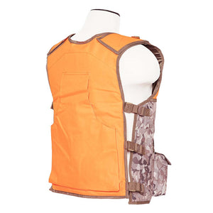 Side view of a blaze‑orange, tan, and camo VISM hunting vest showing its high‑visibility panels and mixed‑pattern utility design.