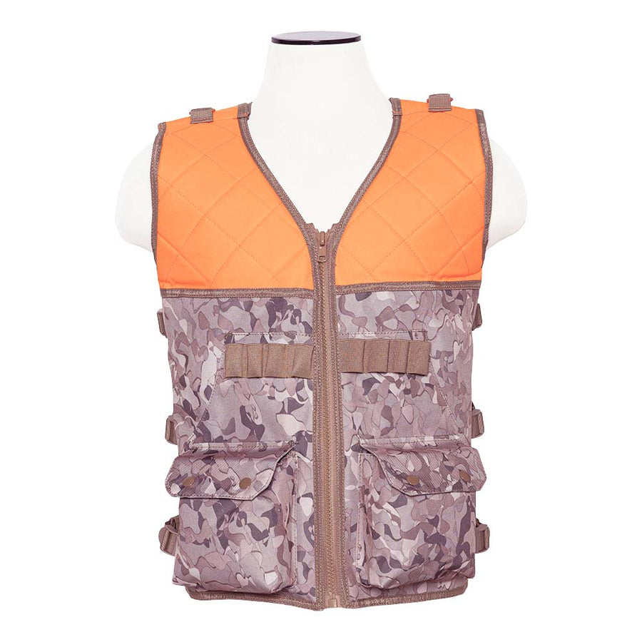 VISM blaze orange and NcSTAR Tan Camo hunting vest with front pockets, shell loops and rear game pocket.