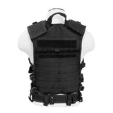 Back view of a black VISM PALS/MOLLE tactical vest showing full modular webbing and reinforced rear construction.