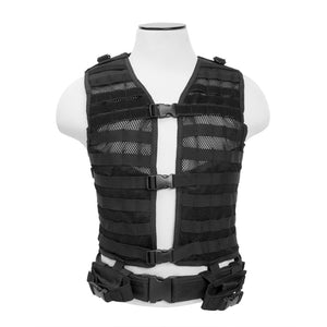 VISM black PALS/MOLLE tactical vest with pistol belt and magazine pouches.