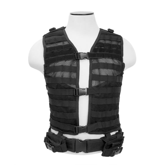 VISM black PALS/MOLLE tactical vest with pistol belt and magazine pouches.