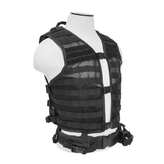 VISM black PALS/MOLLE tactical vest with pistol belt and magazine pouches.