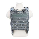 Back view of a digital‑camo VISM plate carrier sized Medium–2XL showing full MOLLE webbing and reinforced rear panel construction.