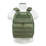 Green tactical carrier emphasizing reinforced seams, MOLLE grid layout, and adjustable fit.