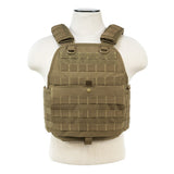 Tan tactical plate carrier highlighting adjustable shoulder straps, modular attachment points, and durable stitching.