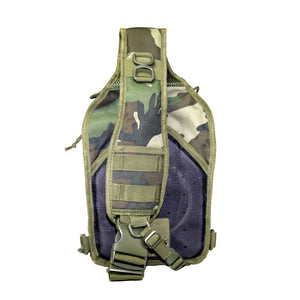 VISM sling utility bag in green camo showing its padded shoulder strap with reinforced stitching and adjustable hardware.