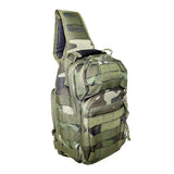 Side view of a VISM sling utility bag showing its padded shoulder strap, contoured shape, and rugged camo fabric.