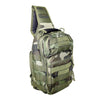Side view of a VISM sling utility bag showing its padded shoulder strap, contoured shape, and rugged camo fabric.