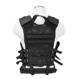 Back view of an oversized black VISM 2XL+ tactical vest featuring full MOLLE webbing and reinforced rear construction.
