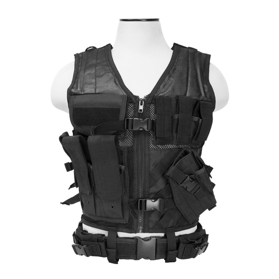 Black tactical vest designed for 2XL+ fit highlighting modular attachment points and durable stitching.