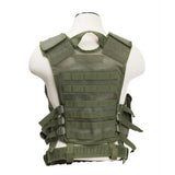 Back view of a green VISM tactical vest with an integrated pistol belt, showing reinforced rear panels and MOLLE webbing.