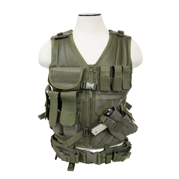 VISM green adjustable tactical vest with pistol belt, equipment pouches and hydration compartment.