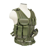 Side view of a green VISM tactical vest with an integrated pistol belt, showing MOLLE webbing and reinforced utility pockets.