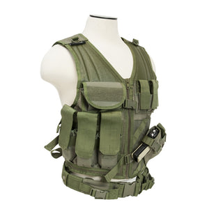 Side view of a green VISM tactical vest with an integrated pistol belt, showing MOLLE webbing and reinforced utility pockets.