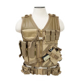 Tan tactical vest shown from the side emphasizing its integrated pistol belt, reinforced seams, and organized storage layout.