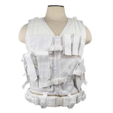 White VISM tactical vest with an integrated pistol belt, featuring MOLLE webbing and reinforced utility pockets.
