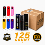 Bulk pack of 125 Streetwise 18 pepper spray keychains in mixed colors with safety lock.