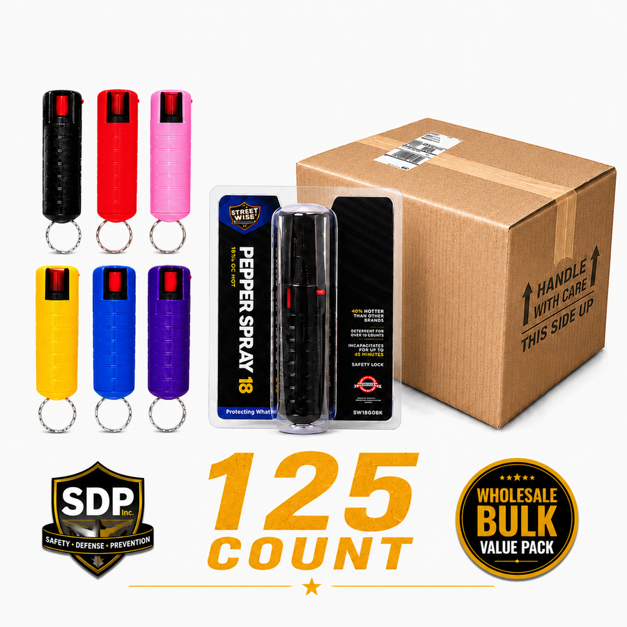 Bulk pack of 125 Streetwise 18 pepper spray keychains in mixed colors with safety lock.