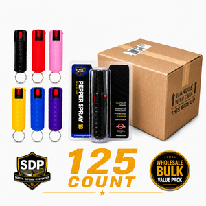 Bulk pack of 125 Streetwise 18 pepper spray keychains in mixed colors with safety lock.