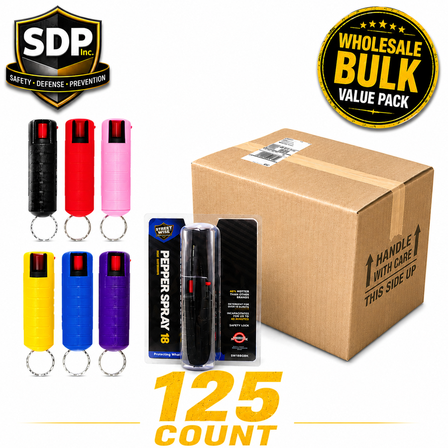 Bulk pack of 125 Streetwise 18 pepper spray keychains in mixed colors with safety lock