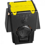 TASER X26 live cartridge shown with front probe ports and safety cap removed, ready for deployment.