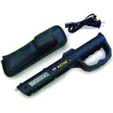  Contents layout showing the ZAP baton stun gun with built‑in flashlight, charging cable, wrist strap, and instruction manual arranged on a flat surface.